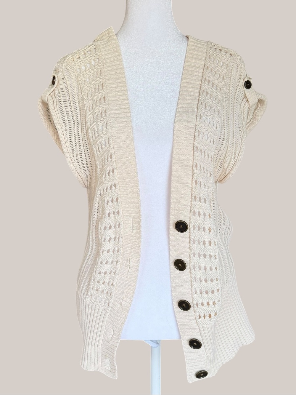 Mudd Cream Open Knit Cardigan Sweater Vest Medium Boho Cottagecore Cotton